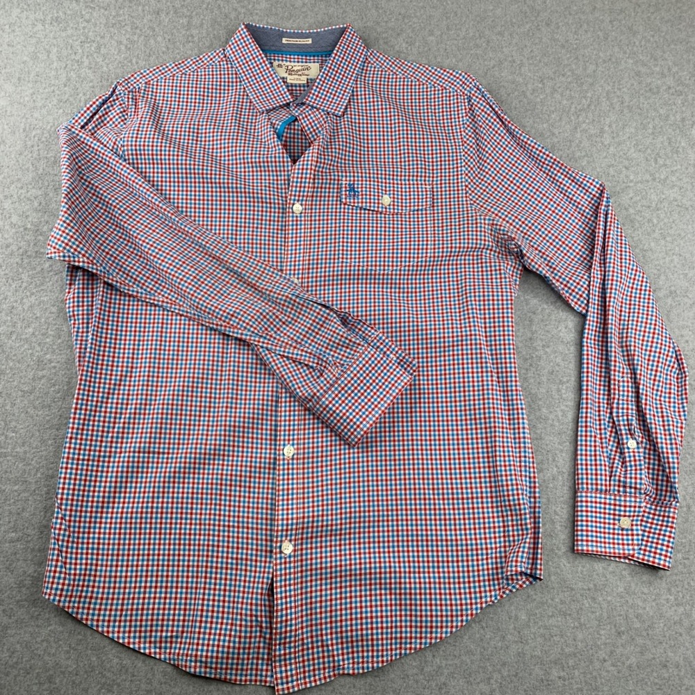 Original Penguin Button Down Shirt Mens L Red Blue‎ Gingham Heritage Slim Fit